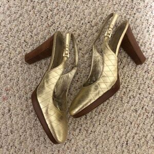 Vintage Juicy Couture Gold Quilted Slingback 4" Platform Heels 10M Made in Italy